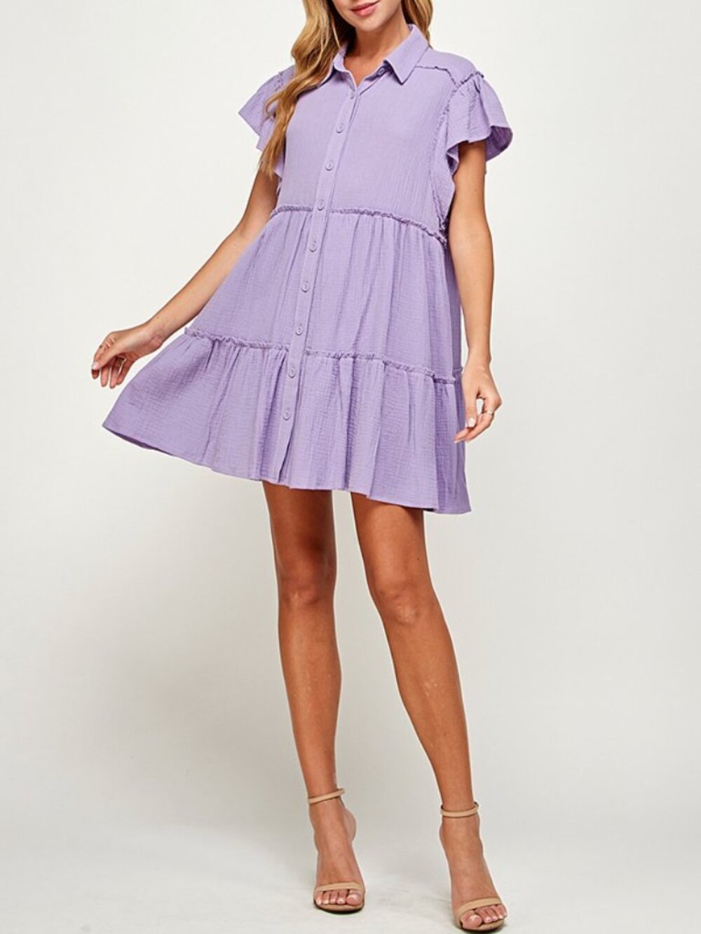 Purple Gauze Collared Tiered Dress With‎ Frayed Seam